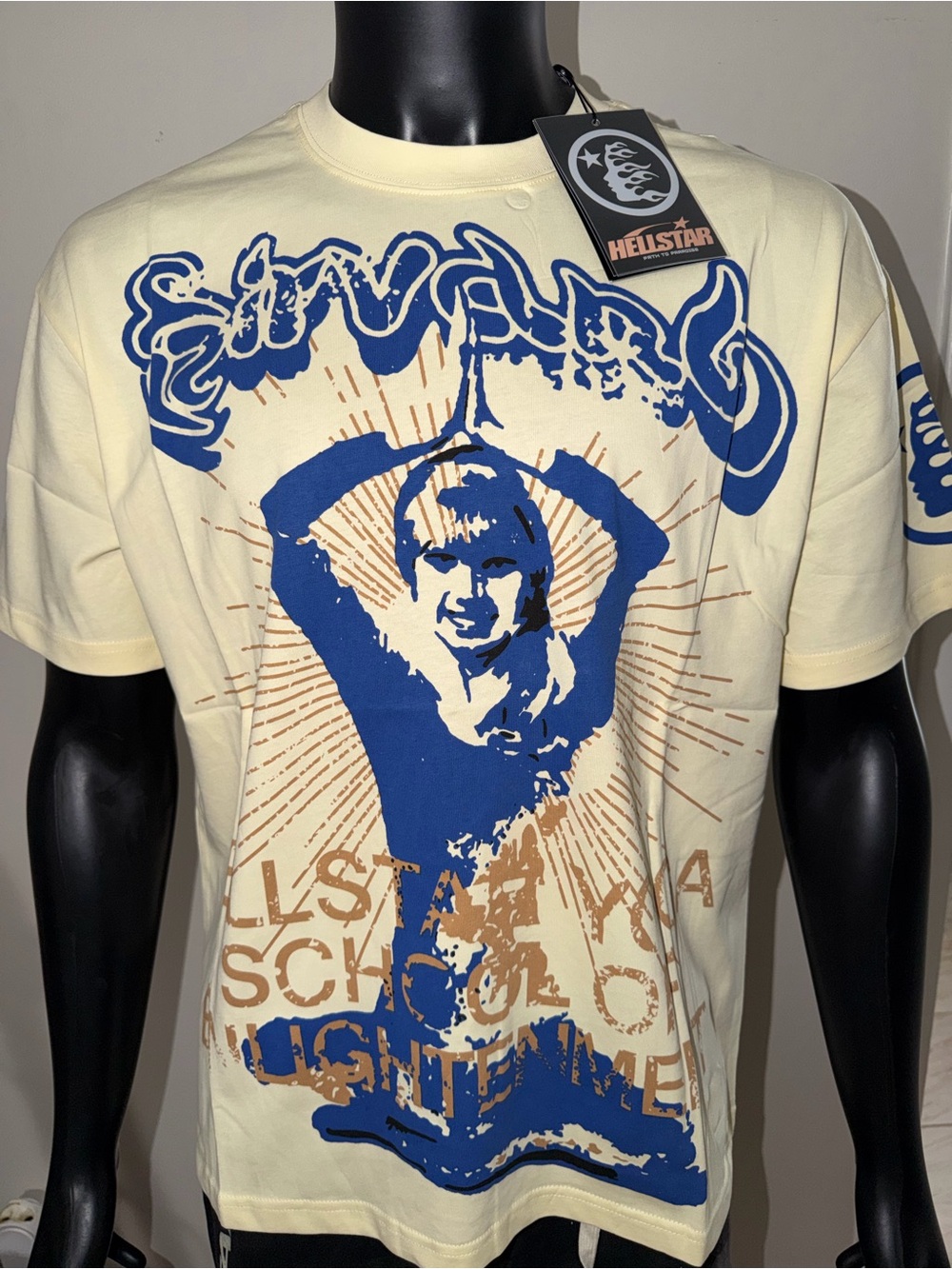 Hellstar Short Sleeve Graphic Tee in Light Yellow with Blue Print